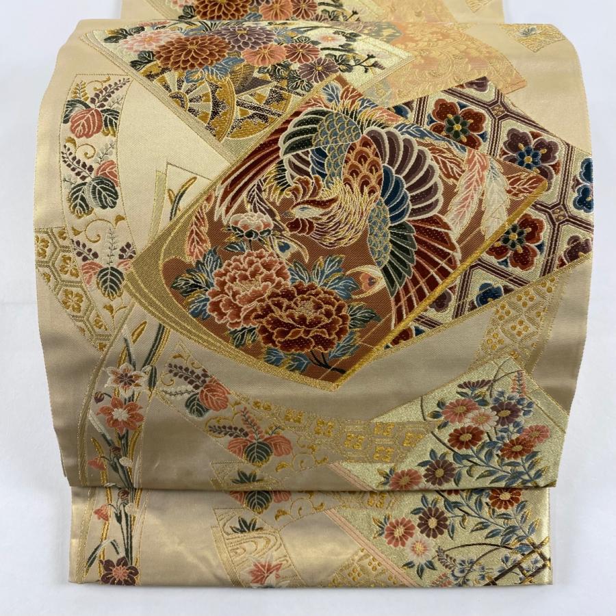 美品 袋帯 秀品 落款あり 証紙あり 瑞宝錦 冊子 花鳥 本金箔 刺繍 金色