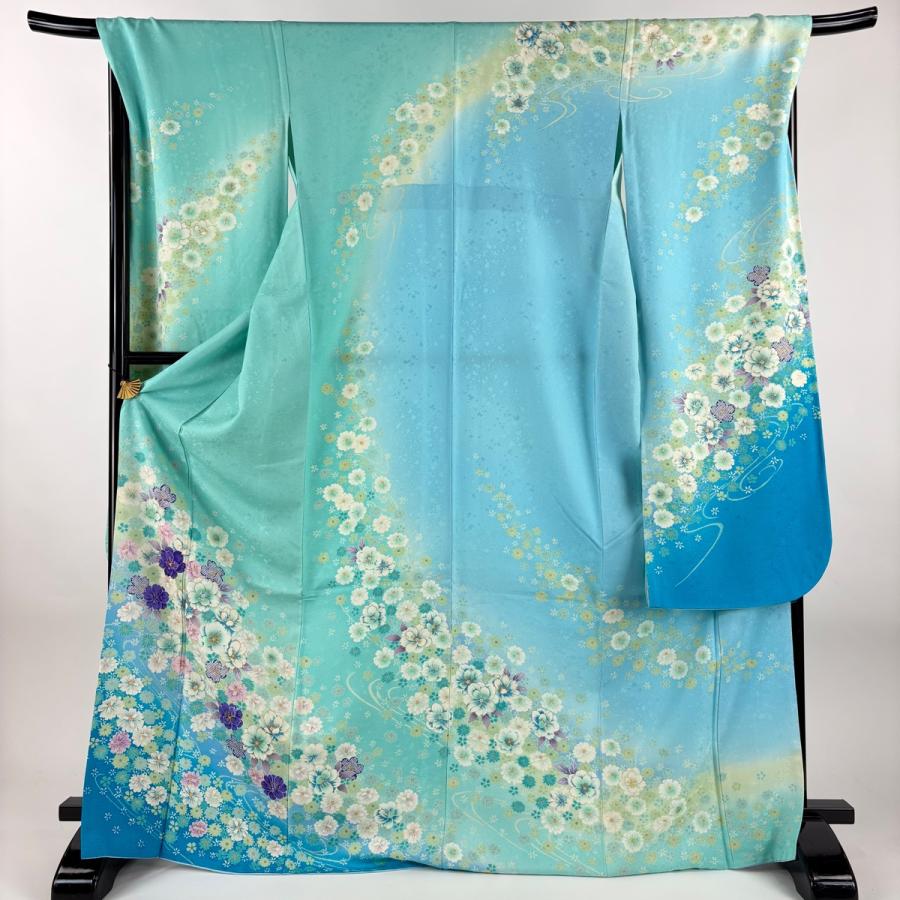美品 振袖 身丈171.5cm 裄丈70.5cm L 袷 草花 流水 銀通し 金彩 薄青緑