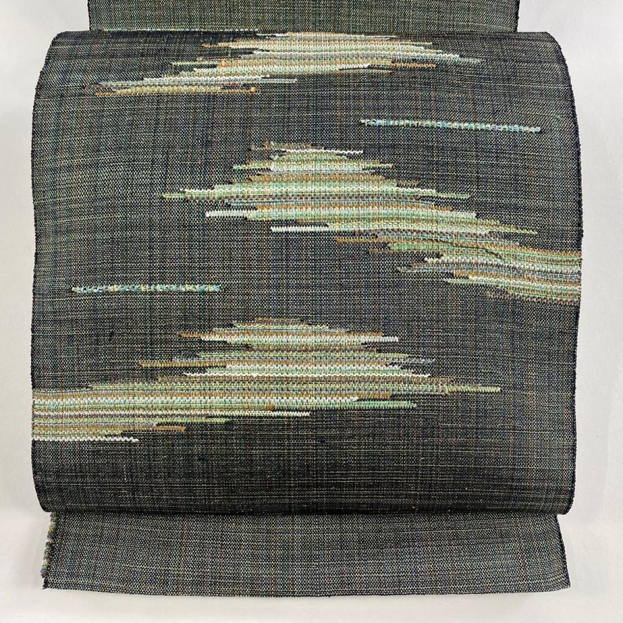 美品 名古屋帯 秀品 松葉仕立て 八寸名古屋帯 霞 金糸 深緑 正絹 中古