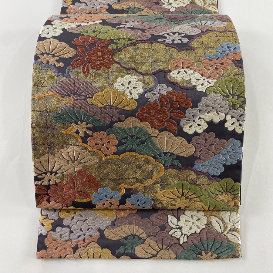 袋帯 秀品 山城機業店謹製 笠松 雲文 唐織 箔 灰紫 六通 正絹 中古