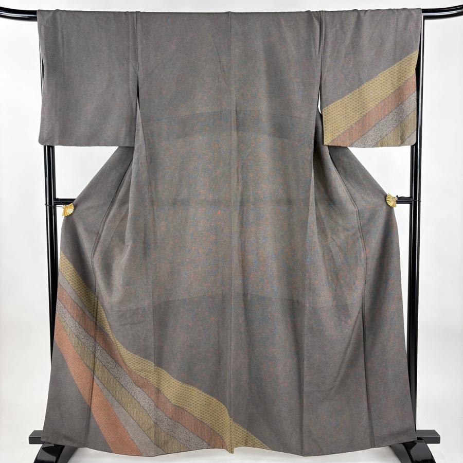 美品 付下げ 身丈161cm 裄丈67cm M 袷 胴抜き 草花 鮫 茶紫 正絹 秀品