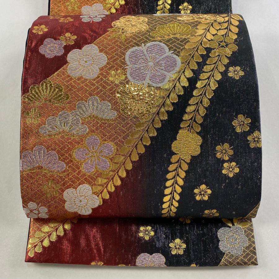 袋帯 秀品 梅 松 金銀糸 箔 赤 六通 正絹 中古 在庫一掃 : リユース