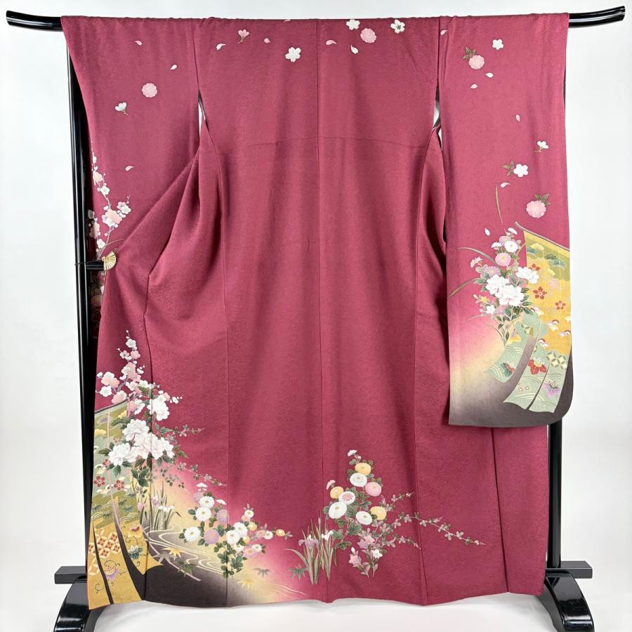 振袖 身丈165cm 裄丈68.5cm L 袷 几帳 牡丹 金彩 赤紫 正絹 秀品 中古