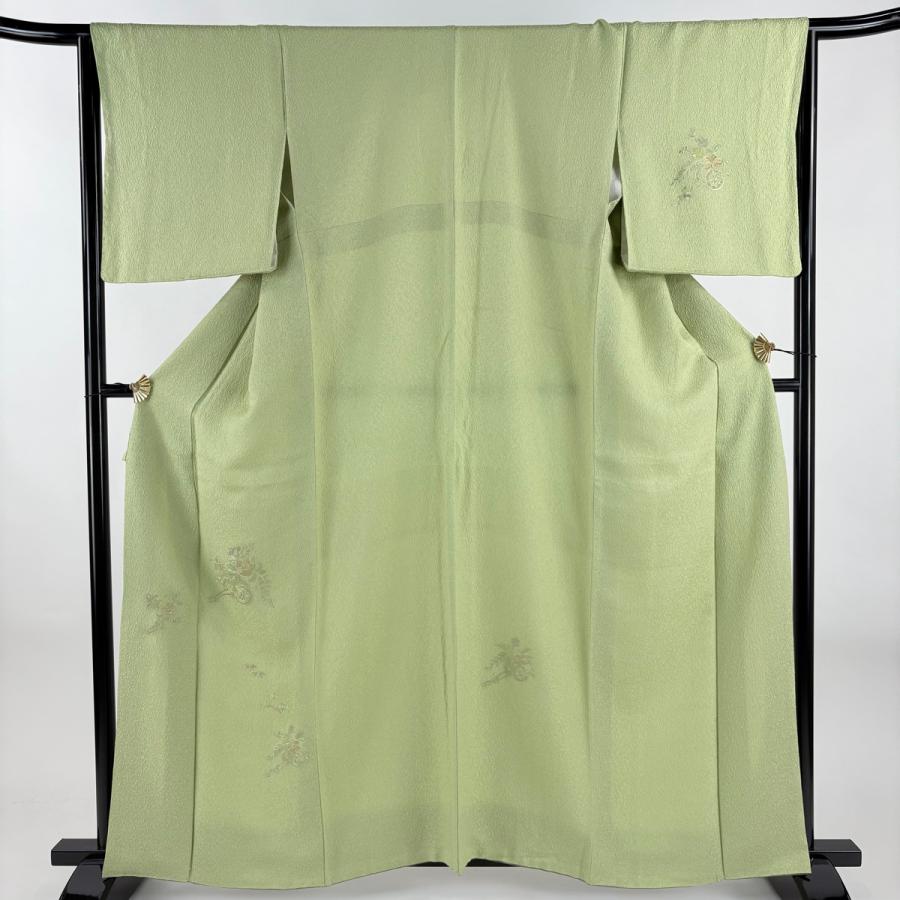 訪問着 美品 逸品 身丈160cm 裄丈65.5cm 正絹 【中古】 美品 付下げ 身丈160cm 裄丈65.5cm M 袷 花車 笹 刺繍 抹茶色 正絹 秀