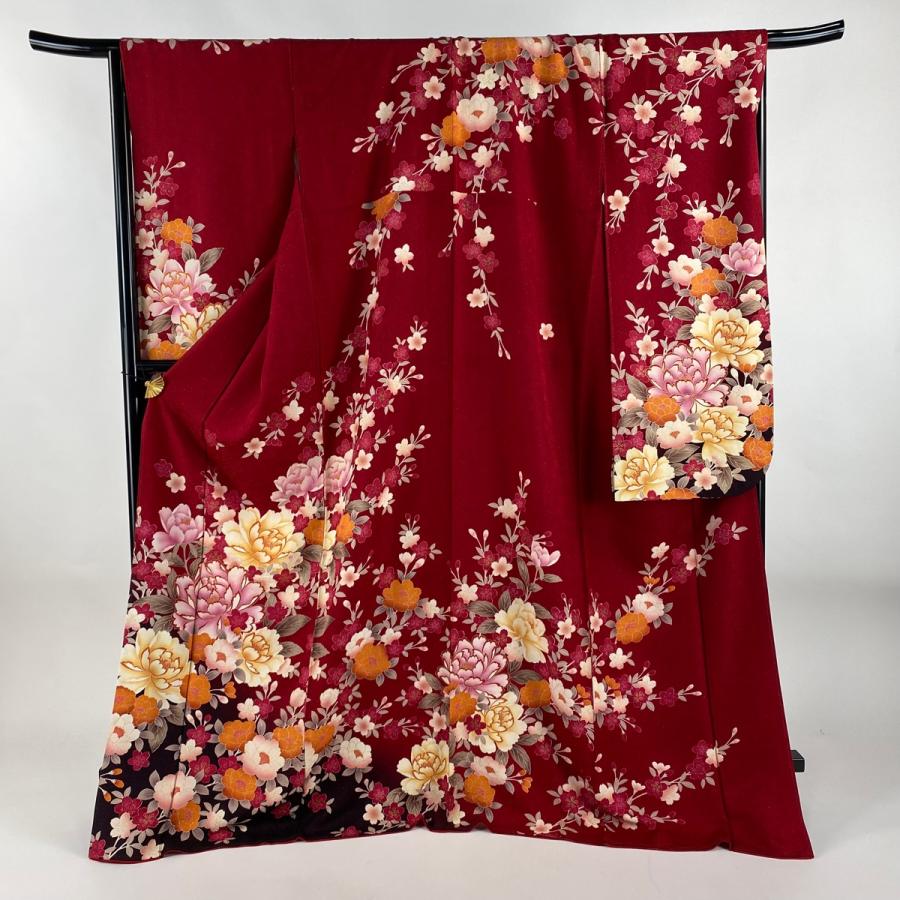 振袖 身丈174.5cm 裄丈69cm L 袷 牡丹 桜 銀通し 金彩 赤 正絹 名品