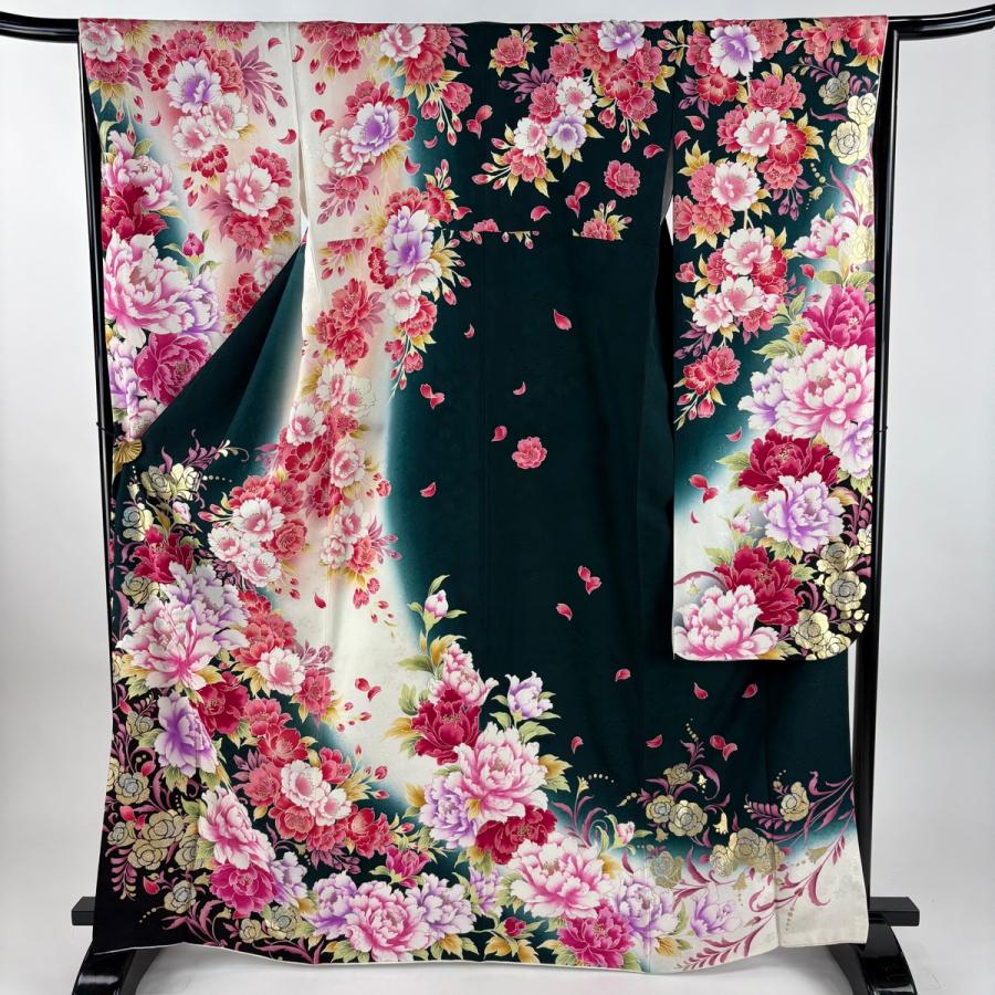 美品 振袖 身丈167cm 裄丈66cm M 袷 草花 金彩 箔 深緑 正絹 名品 中古