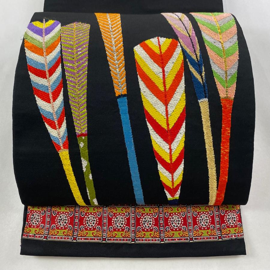 袋帯 逸品 龍村平蔵 落款あり 本袋 大祝矢 箔 金糸 黒 お太鼓柄 正絹