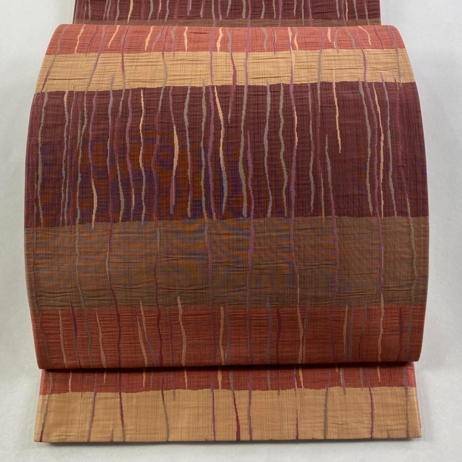 美品 袋帯 名品 証紙あり 小森久 段縞 よろけ縞 本場筑前博多織 茜色