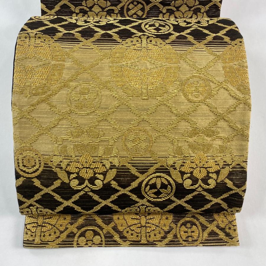 袋帯 名品 向蝶 草花 金糸 薄茶色 六通 正絹 中古 在庫一掃 : リユース