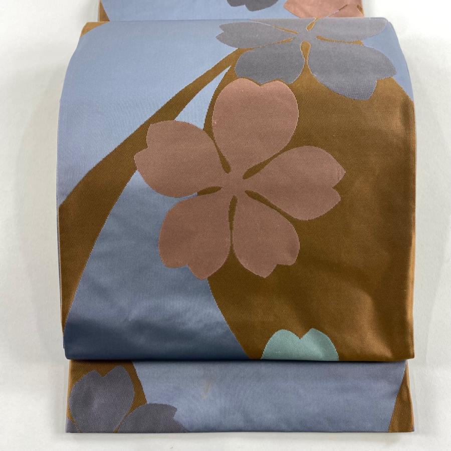 袋帯 名品 辻村ジュサブロー 落款あり 花 灰色 六通 正絹 中古