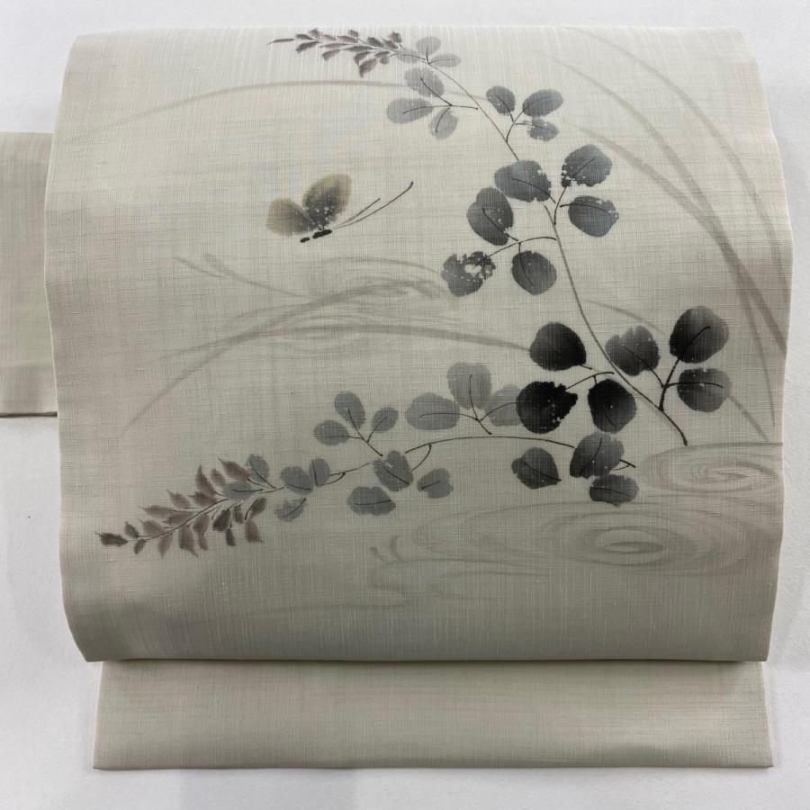 美品 名古屋帯 名品 落款あり 夏帯 紬地 蝶 草花 灰白 正絹 中古