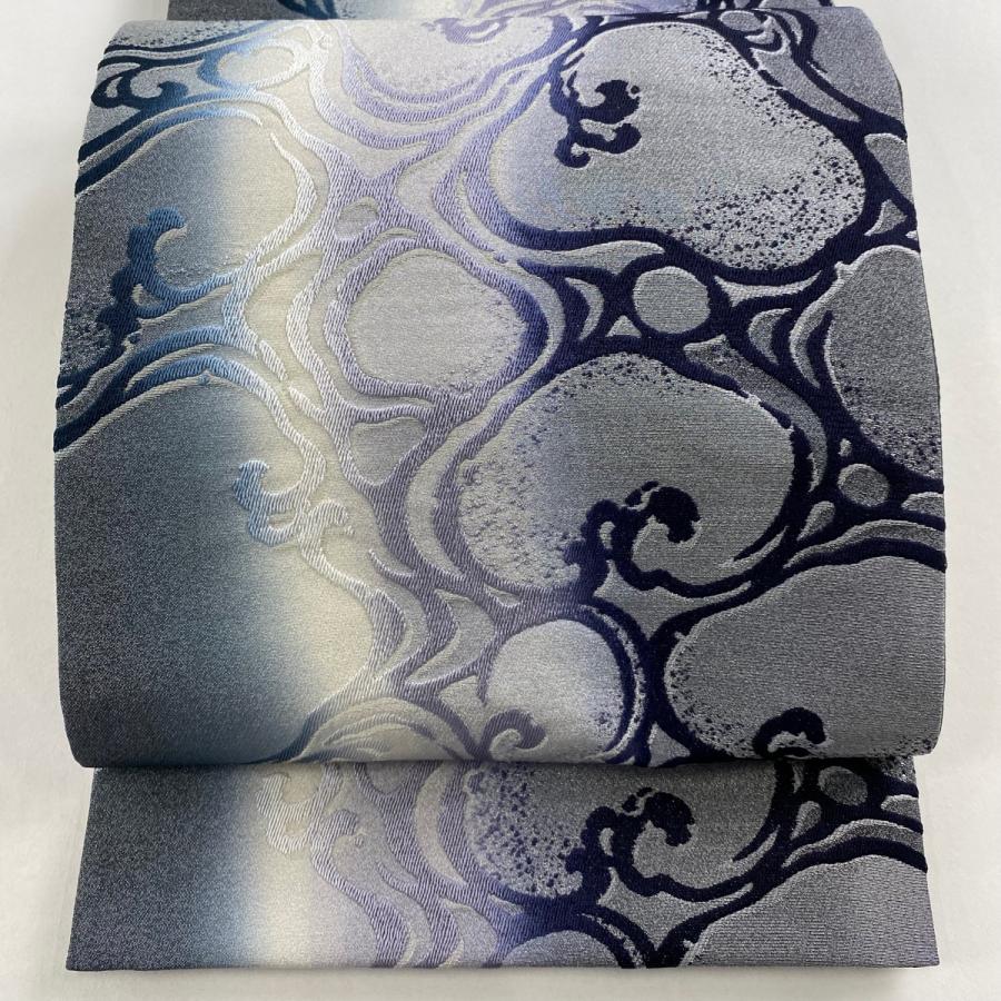 美品 袋帯 名品 流水 銀糸 灰紫 全通 正絹 中古 : リユースセレクト