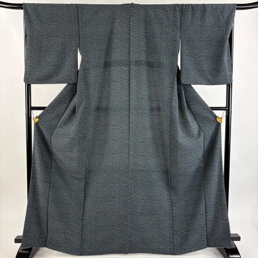 美品 小紋 身丈166cm 裄丈67cm M 袷 幾何学模様 縮緬 深緑 正絹 秀品