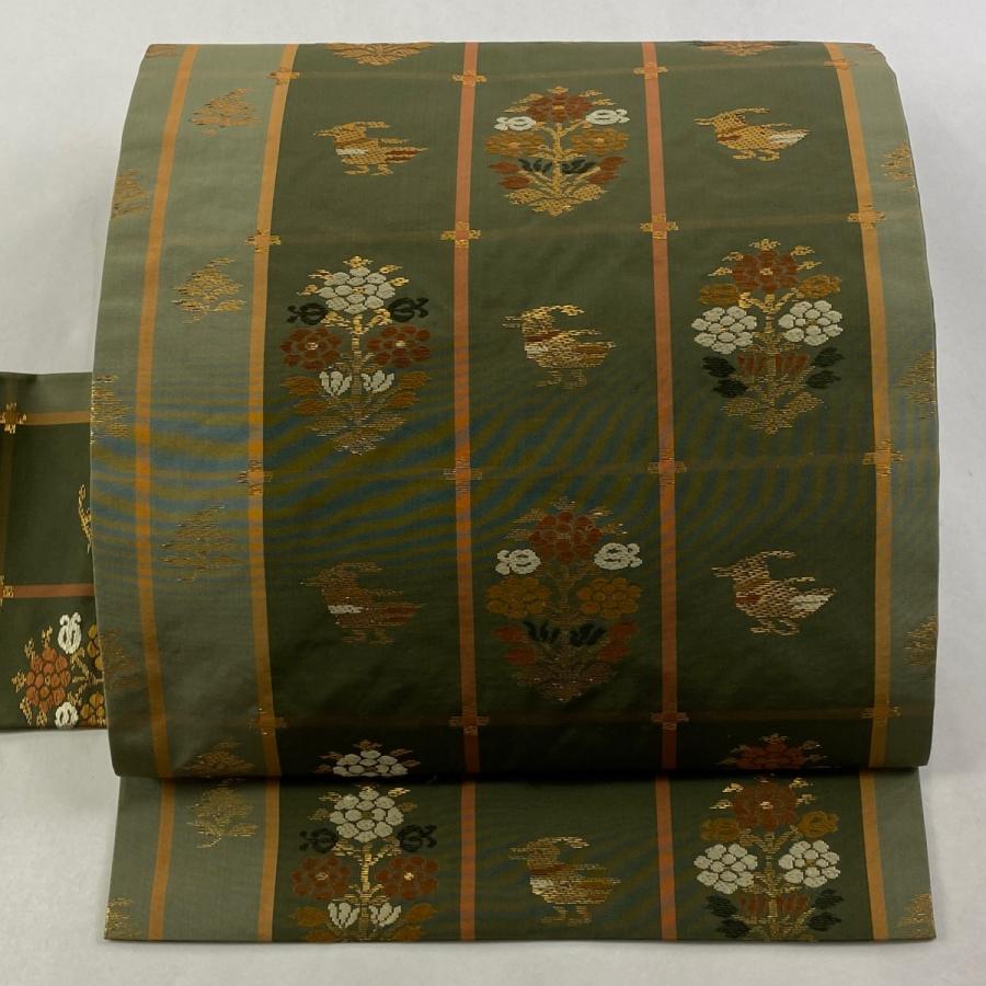 名古屋帯 優品 草花 鳥 箔 唐織 茶緑色 正絹 中古 : リユースセレクト