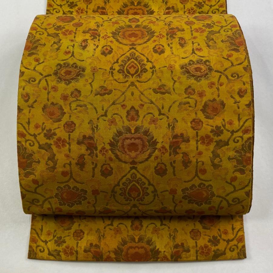 美品 名古屋帯 優品 八寸名古屋帯 松葉仕立て 草花 幾何学模様 山吹