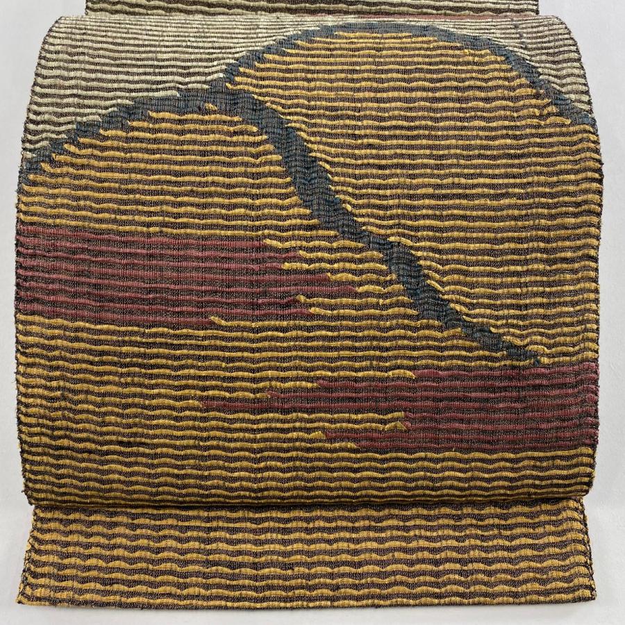 美品 名古屋帯 秀品 夏帯 八寸名古屋帯 山並み 霞 金糸 山吹茶色 正絹