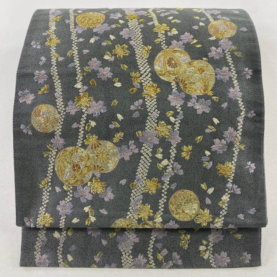 袋帯 秀品 桜 鞠 金銀糸 灰色 六通 正絹 中古 : リユースセレクト