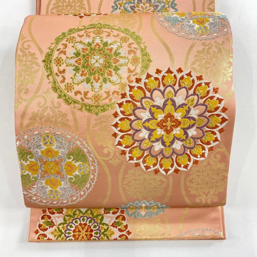 美品 袋帯 秀品 華文 花唐草 唐織 金糸 サーモンピンク 六通 正絹 中古