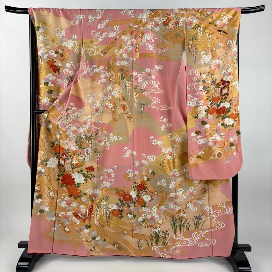 振袖 身丈163.5cm 裄丈70.5cm L 袷 御所車 桜 金彩 ピンク 正絹 名品