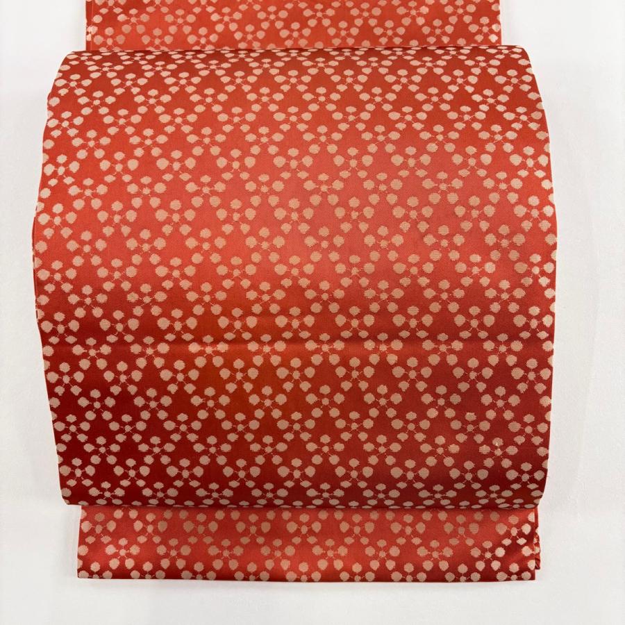 美品 開き名古屋帯 名品 龍村美術織物 比翼仕立て 利休緞子 朱色 正絹