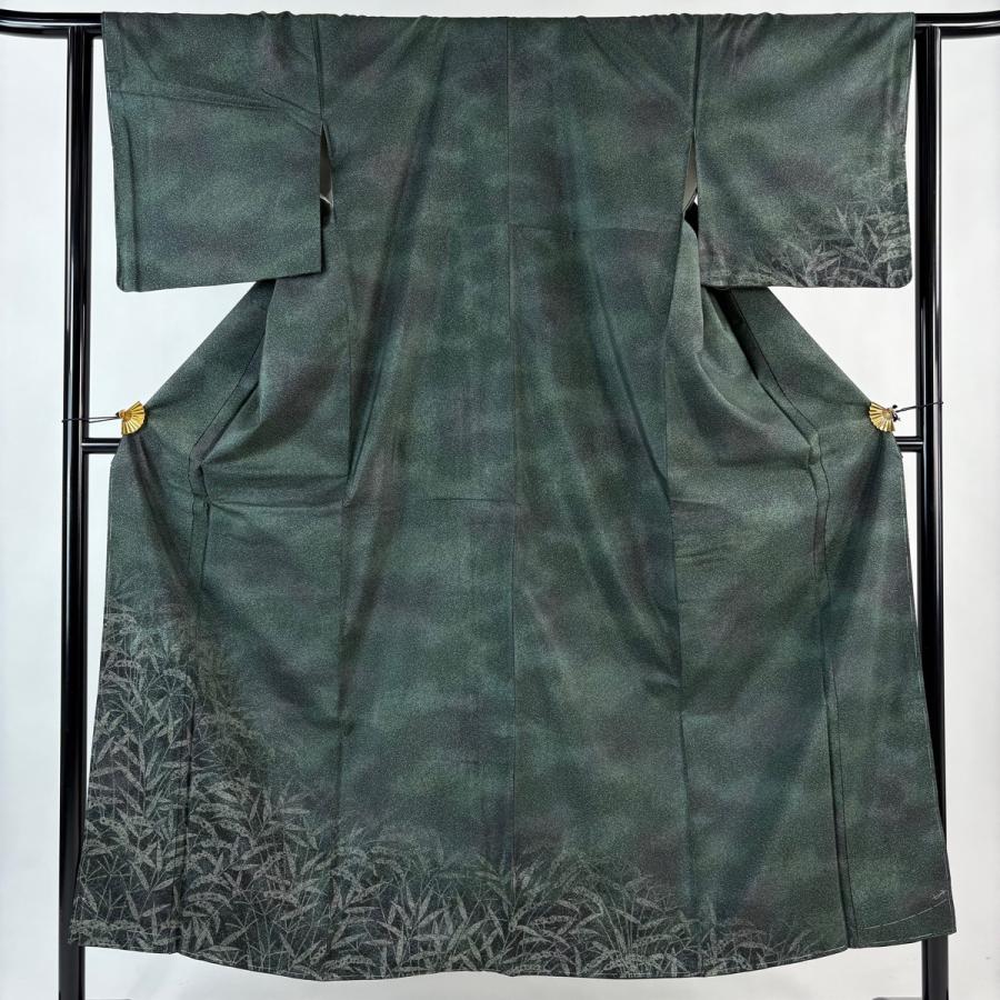 美品 付下げ 身丈151.5cm 裄丈63.5cm S 袷 紬地 女郎花 ぼかし 深緑