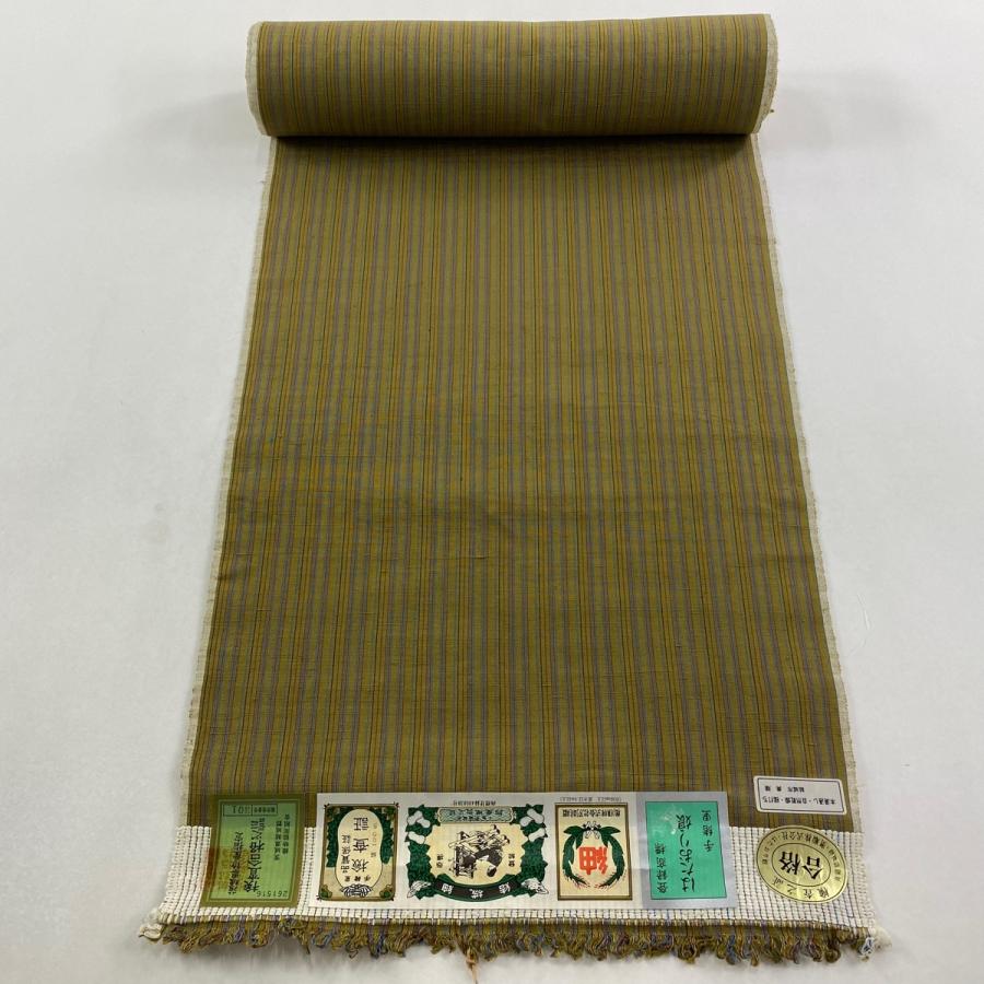 反物 逸品 結城紬 証紙有 はたおり娘 縞 茶緑色 正絹 中古 : リユース