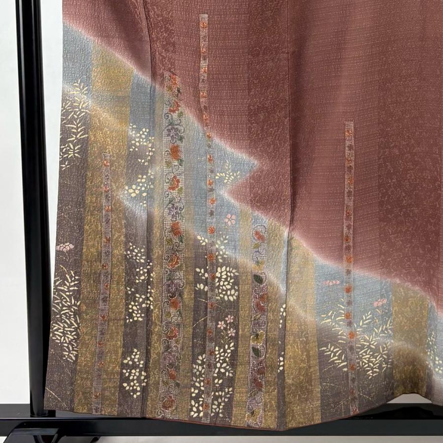 訪問着 身丈157cm 裄丈63.5cm S 袷 花唐草 刺繍 金彩 茶紫 正絹 秀品