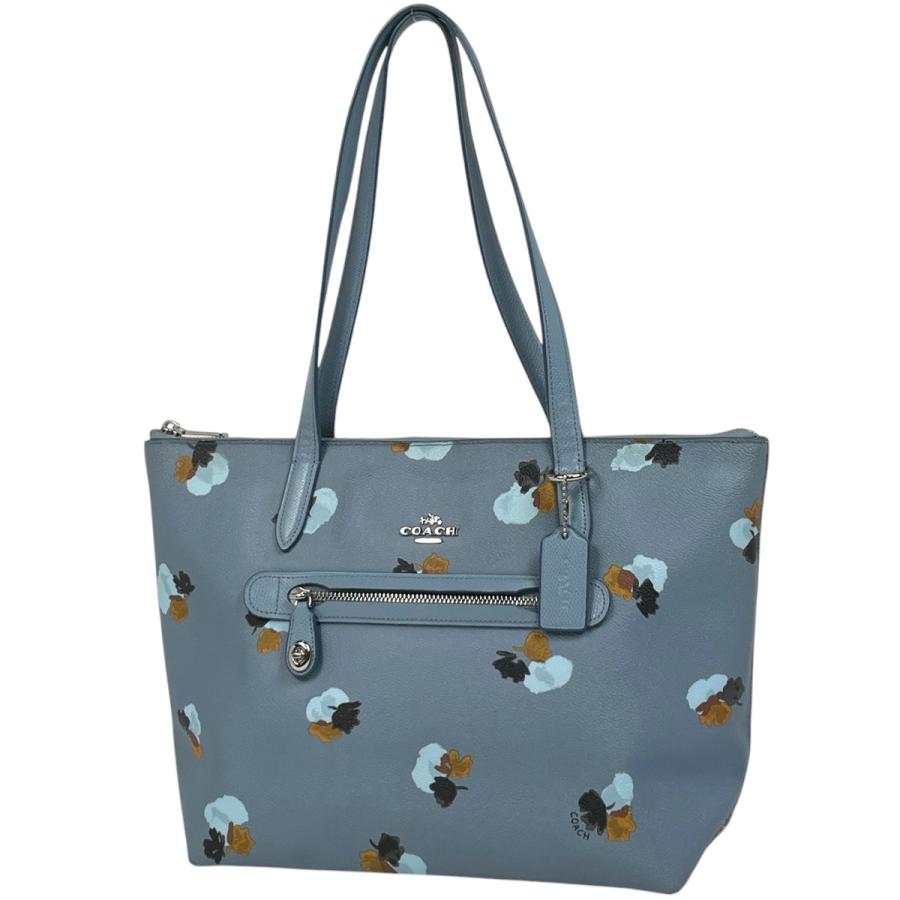 良品 COACH トートバッグ ナイロン ブルー 花柄 肩掛け COACH（コーチ） ロゴ トートバッグ フラワー柄 トートバッグ レザー