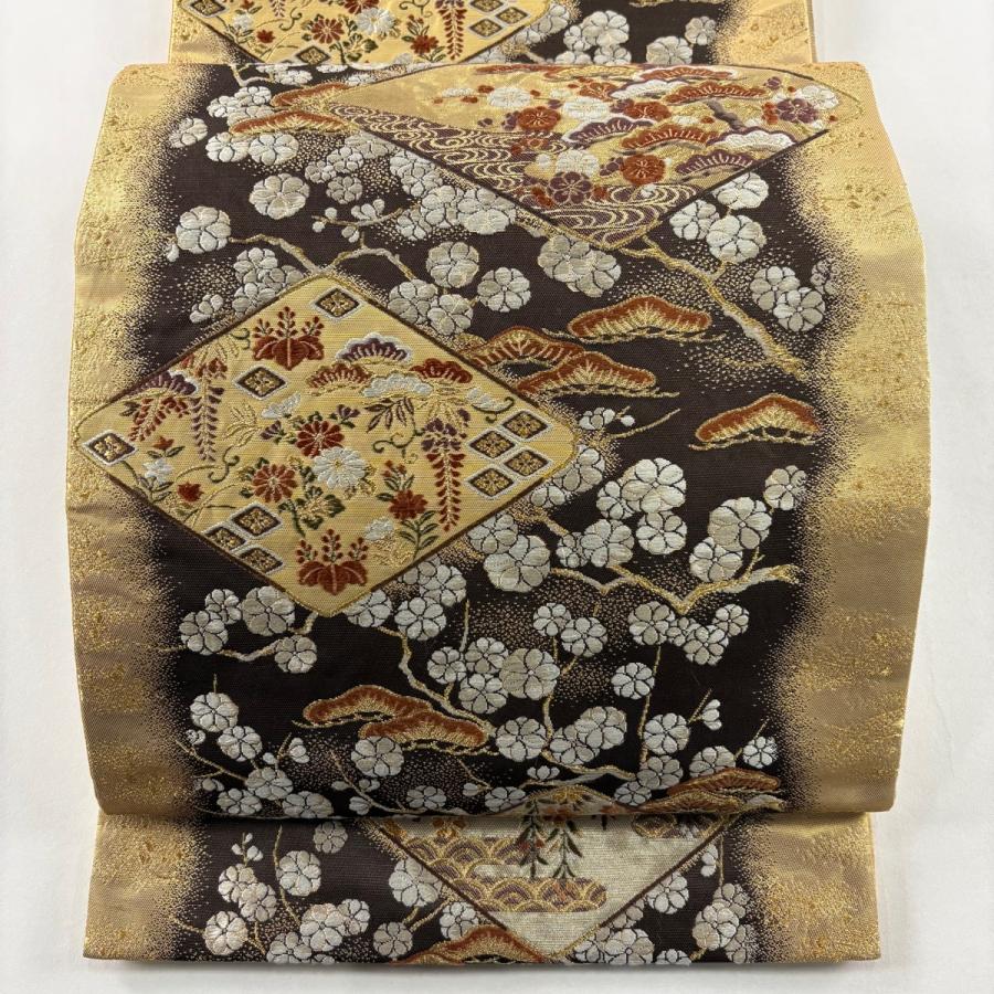 美品 袋帯 名品 加納幸 落款あり 菱 松梅 金銀糸 刺繍 金色 六通 正絹