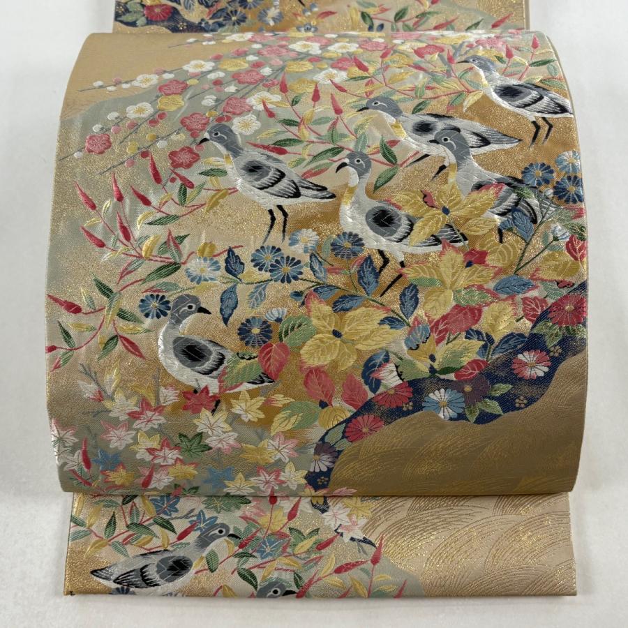 美品 袋帯 逸品 草花 鳥 唐織 箔 灰茶 六通 正絹 中古 : リユース