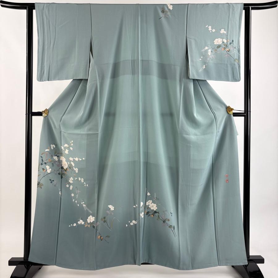 訪問着 身丈160.5cm 裄丈62.5cm S 袷 百貫達雄 落款あり 枝花 菊