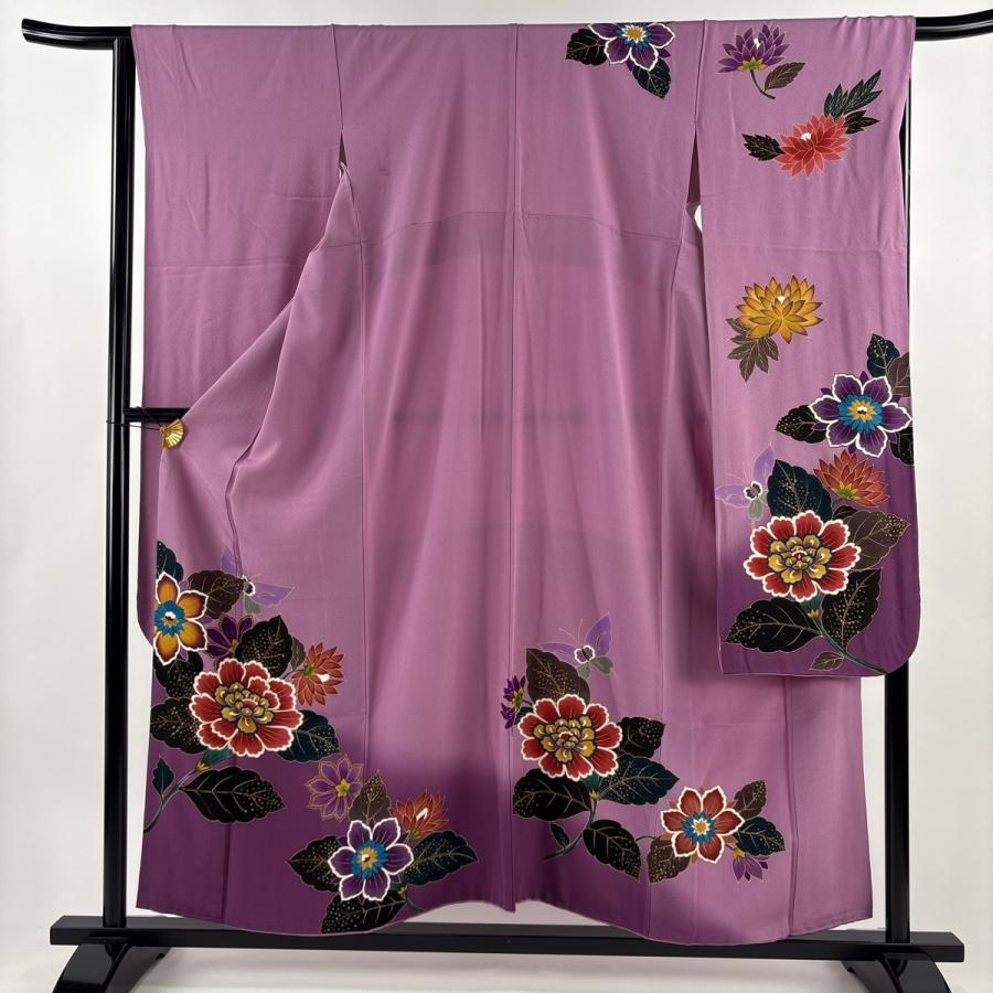 振袖 身丈155cm 裄丈66.5cm M 袷 コシノヒロコ 落款あり 草花 蝶 金彩 