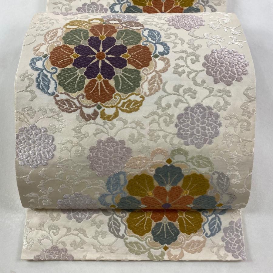 美品 袋帯 逸品 華文 花唐草 唐織 金銀糸 白 六通 正絹 中古