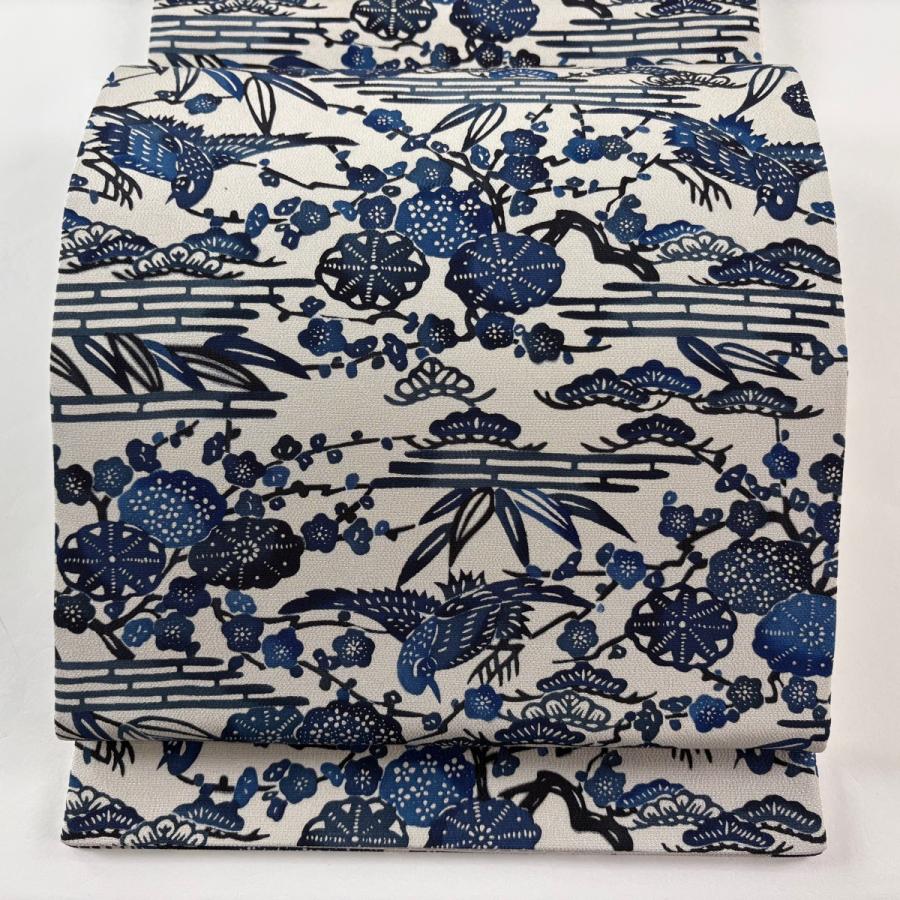 美品 袋帯 逸品 松竹梅 鳥 縮緬 灰色 全通 正絹 中古 : リユース