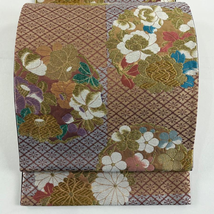 袋帯 秀品 花丸文 花菱 金糸 箔 小豆色 六通 正絹 中古 : リユース
