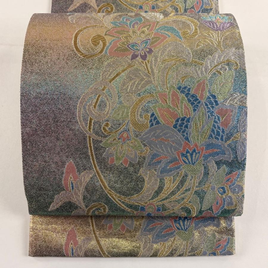 美品 袋帯 秀品 振袖向き 花唐草 更紗 箔 金銀糸 紫 六通 正絹 中古 
