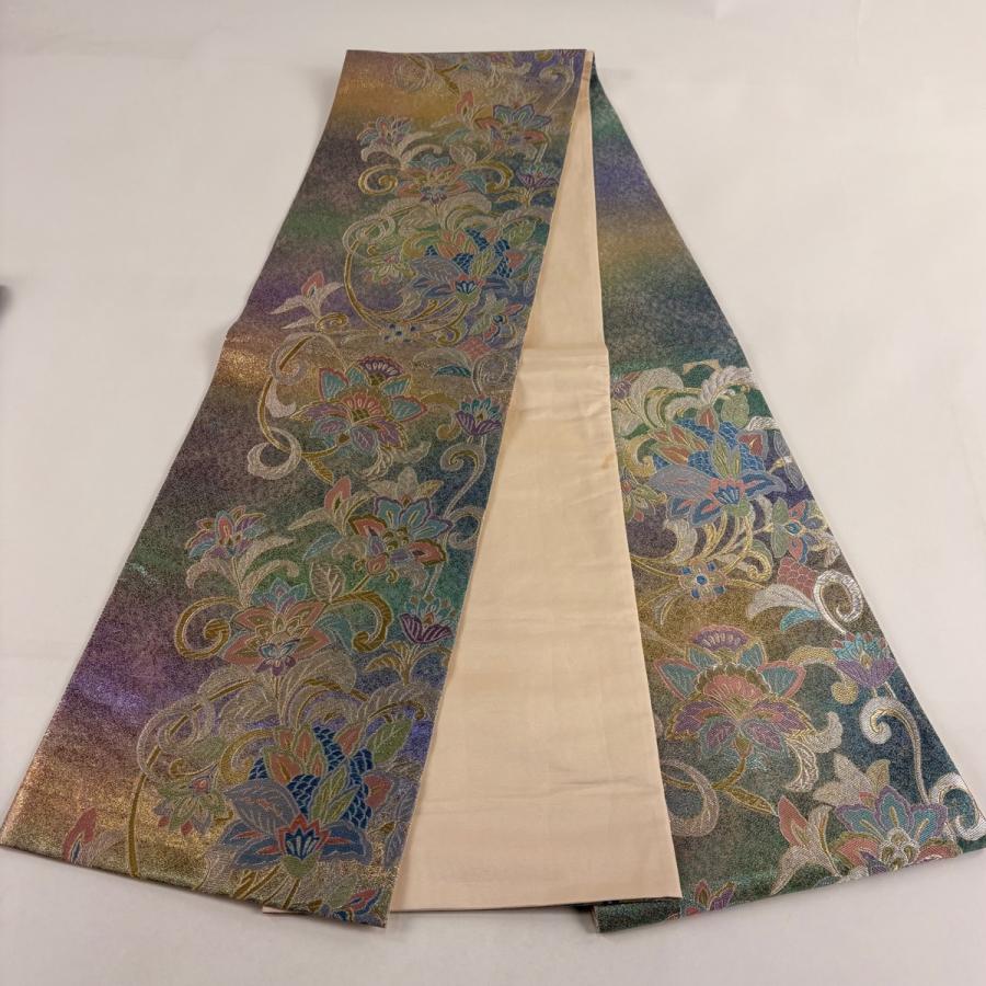 美品 袋帯 秀品 振袖向き 花唐草 更紗 箔 金銀糸 紫 六通 正絹 中古 
