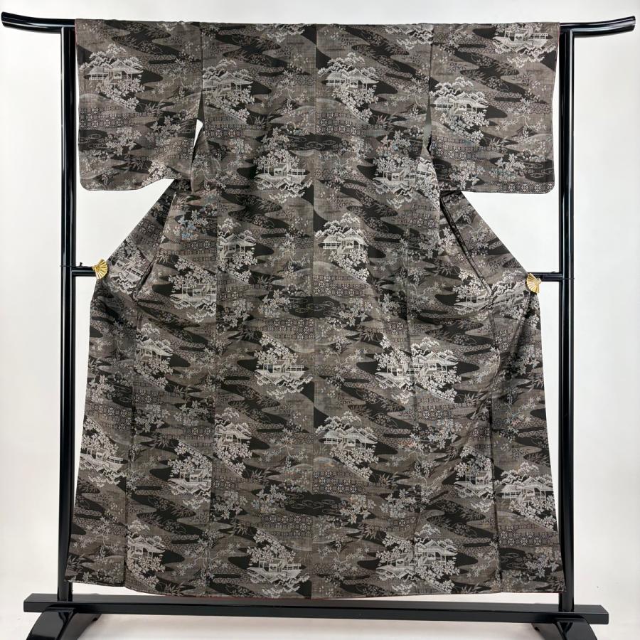 紬 身丈159cm 裄丈63.5cm S 袷 鳥 焦茶色 正絹 秀品 【】 【公式通販】
