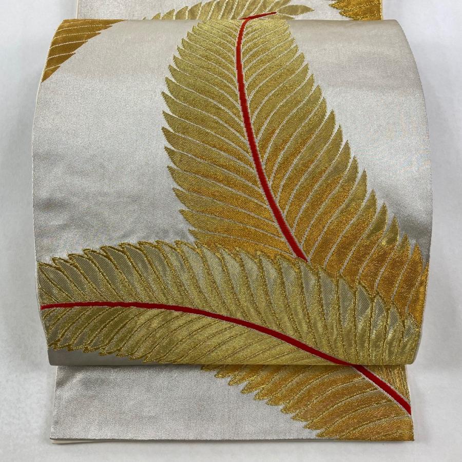 美品 袋帯 秀品 落款あり 本家加納 葉 箔 金糸 金色 六通 正絹 中古