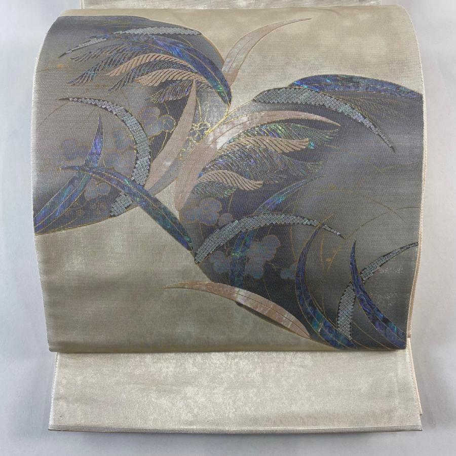 袋帯 秀品 関西仕立て 葉柄 螺鈿 箔 金色 お太鼓柄 正絹 【】 【公式通販】