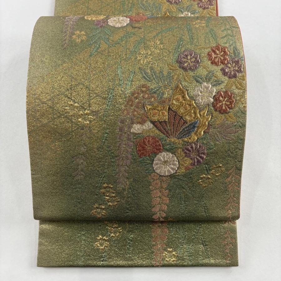 六通袋帯 美品 逸品 金糸 汕頭刺繍 薄草色 正絹 花鳥紋様 スワトウ 美品】 袋帯 逸品 草花 鳥 刺繍 金糸 ピンクベージュ 六通 正絹 【中古