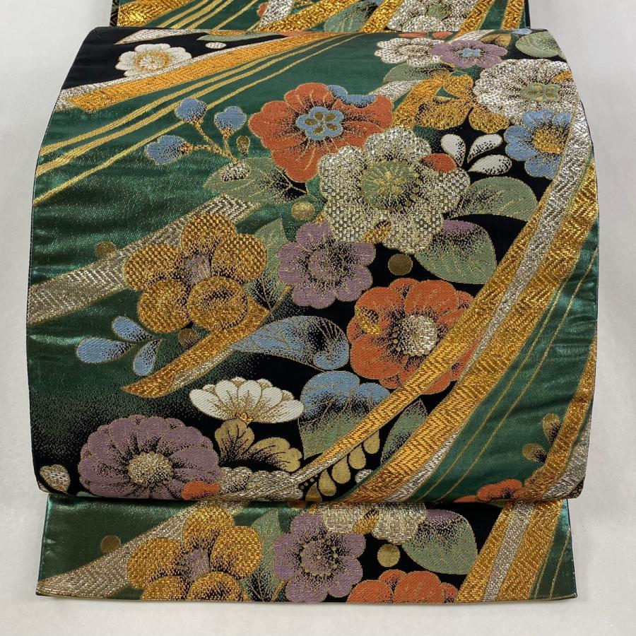 袋帯 秀品 鬘帯 草花 箔 深緑 六通 正絹 中古 : リユースセレクト