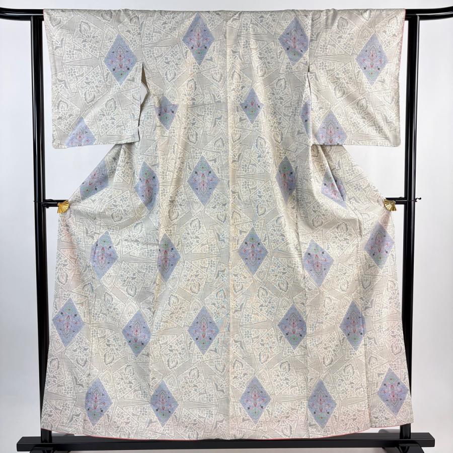美品 紬 身丈157.5cm 裄丈62cm S 袷 菱 草花 灰白 正絹 秀品 中古
