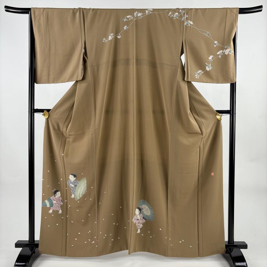 訪問着 身丈163.5cm 裄丈67cm M 袷 落款あり 童 花びら 灰茶 正絹 秀品