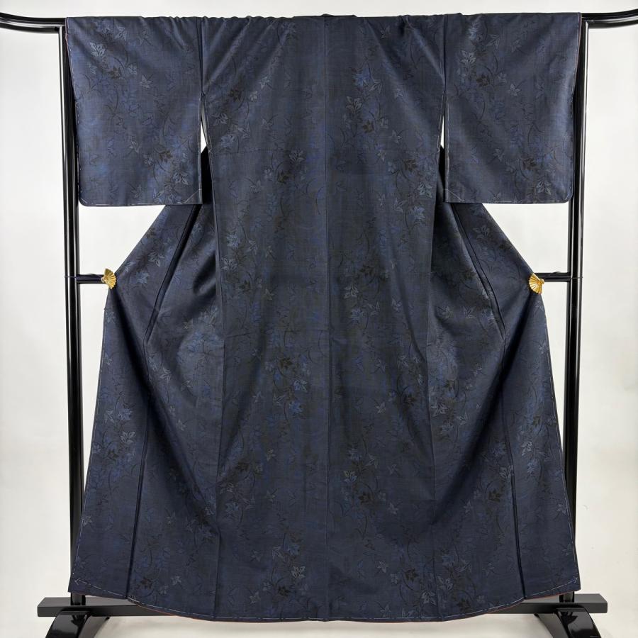 【美品】 紬 身丈160.5cm 裄丈66cm 正絹 秀品 【中古】 美品 紬 身丈160.5cm 裄丈66cm M 袷 草花 紺色 正絹 秀品 中古