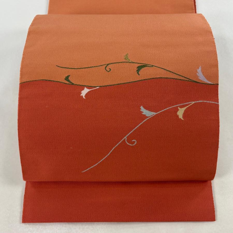 名古屋帯 優品 八寸名古屋帯 松葉仕立て 葉柄 金銀糸 オレンジ 正絹