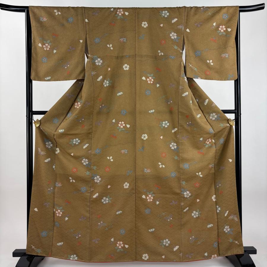 美品 小紋 身丈164cm 裄丈66cm M 袷 洗える着物 桜 蝶 金彩 山吹茶色