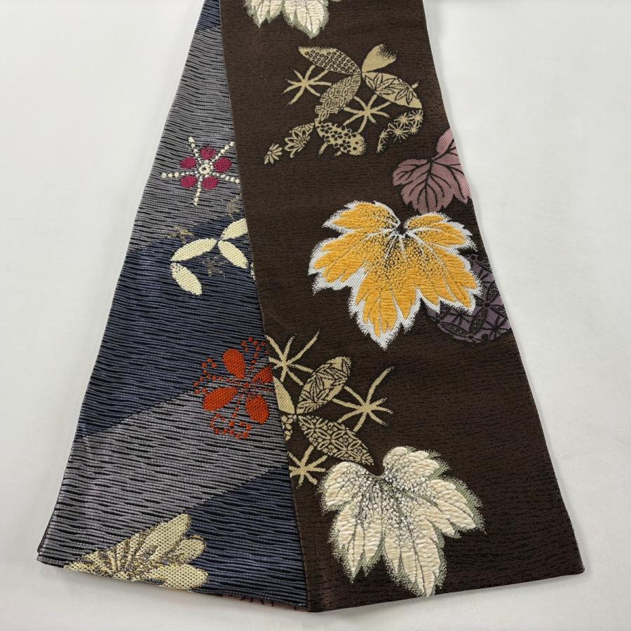 半幅帯 名品 やまと 葉柄 七宝 箔 焦茶色 正絹 中古 : リユース