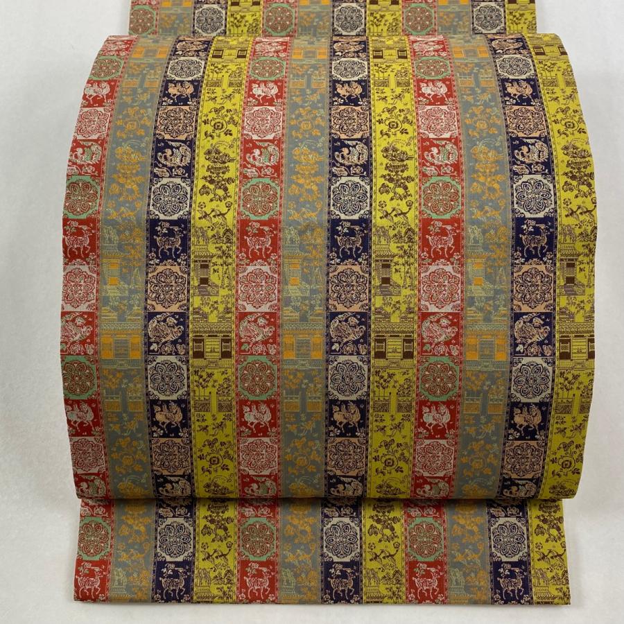 美品 開き名古屋帯 逸品 龍村美術織物 建物 鳥 金糸 銀糸 からし色