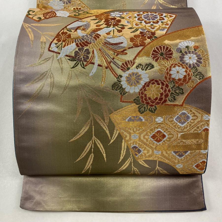 美品 袋帯 秀品 証紙あり 扇面 花鳥 箔 金糸 灰緑 六通 正絹 中古